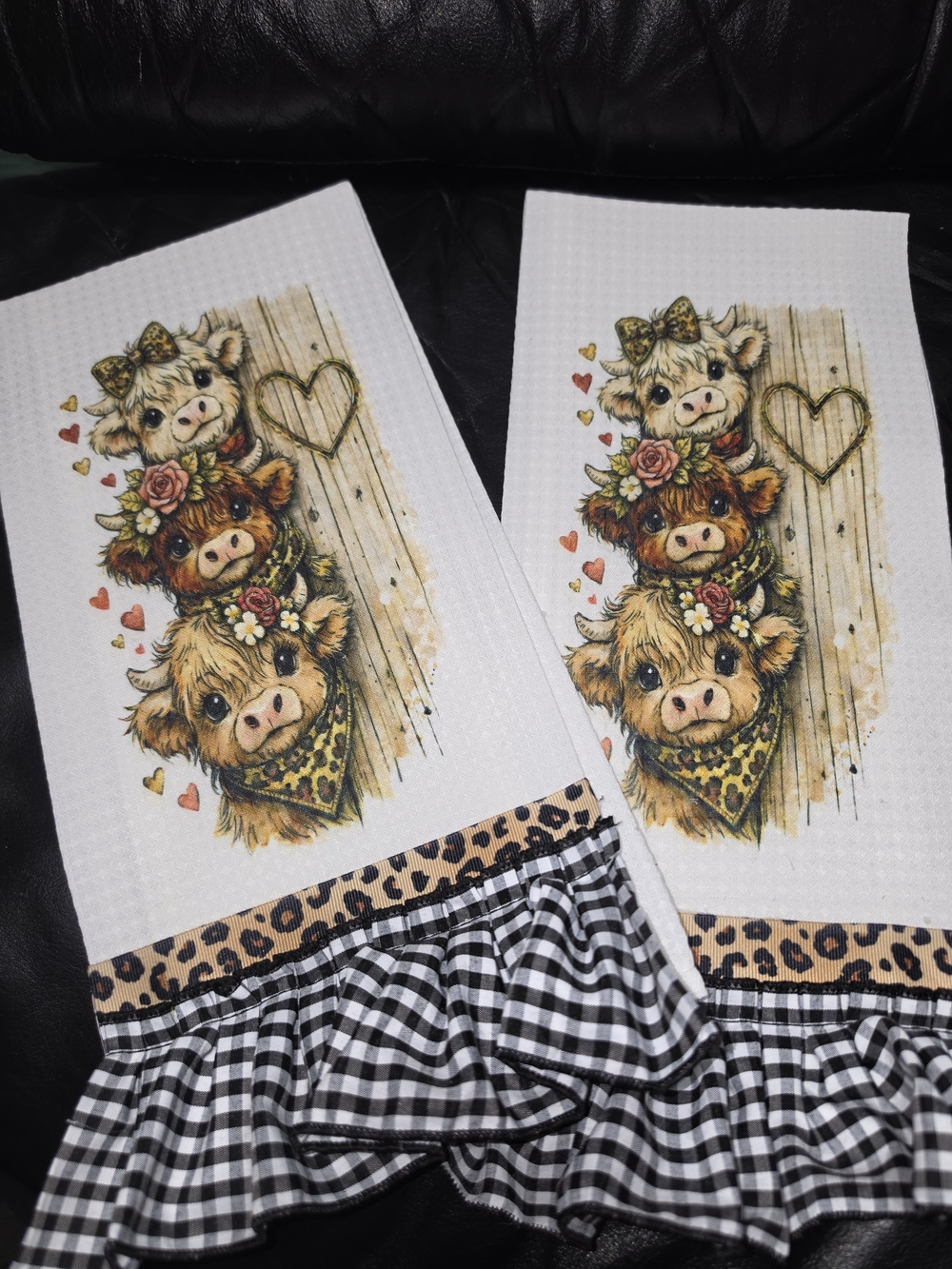 Farmhouse Trio Cow Waffle Weave Kitchen Towels with Black Gingham Ruffle
